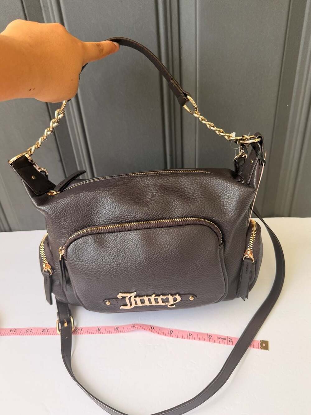 JuicyCouture Brown FuxLeather Crossbody Handbag with GoldChains and MultiPockets